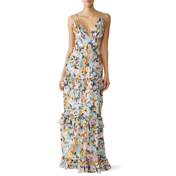 Amur Dresses & Skirts - AMUR Drew Multicolor Floral Print Silk Sleeveless Cut Out Ruffled Gown Size 2